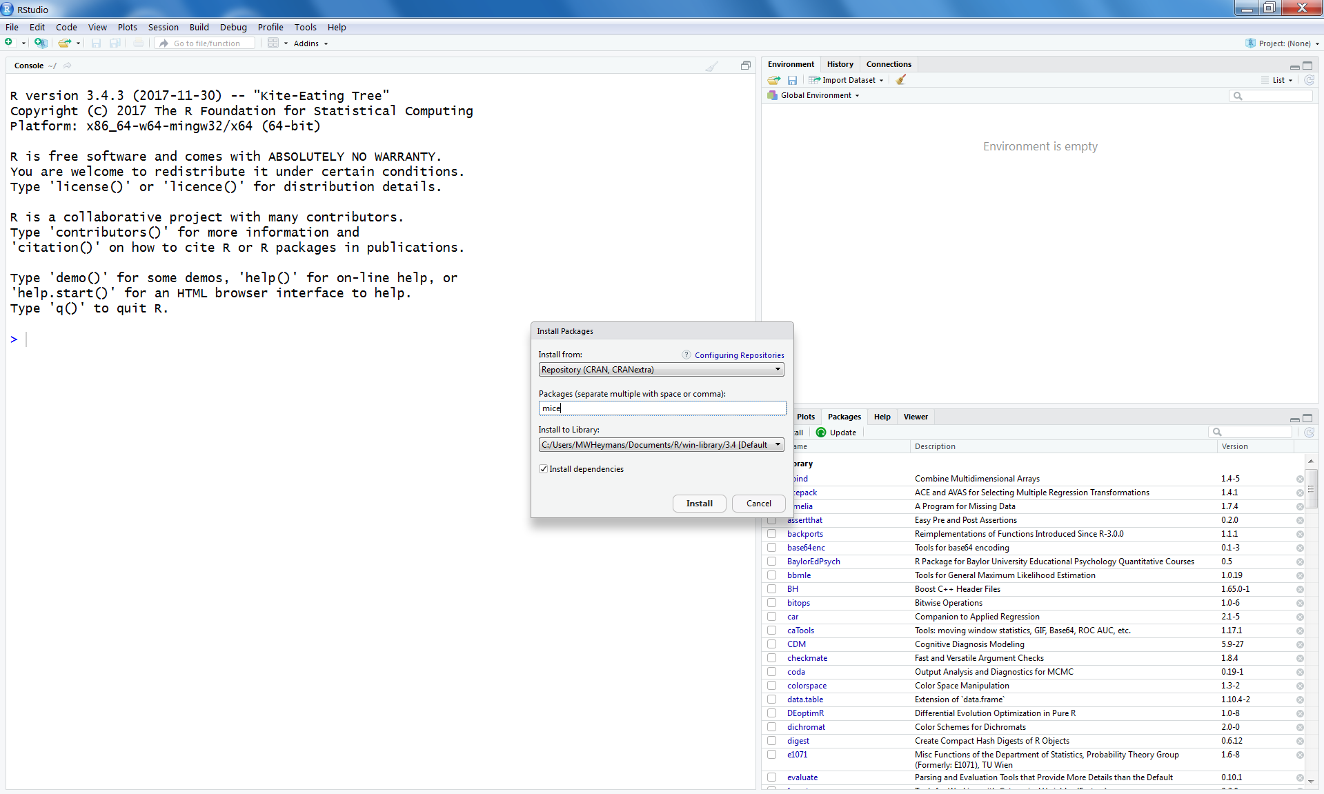 Install packages Window in RStudio to install packages from the CRAN website
