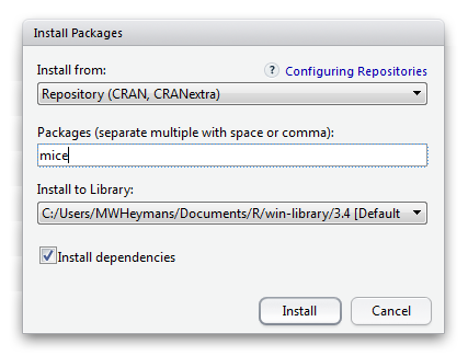 Enlarged Install packages Window in RStudio to install packages from the CRAN website