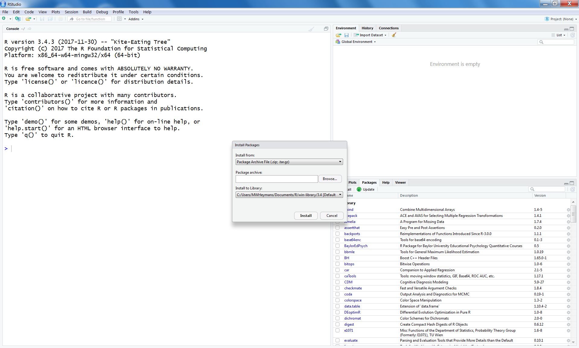 Install packages Window in RStudio to install packages from zip files