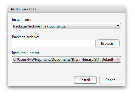 Enlarged Install packages Window in RStudio to install packages from zip files