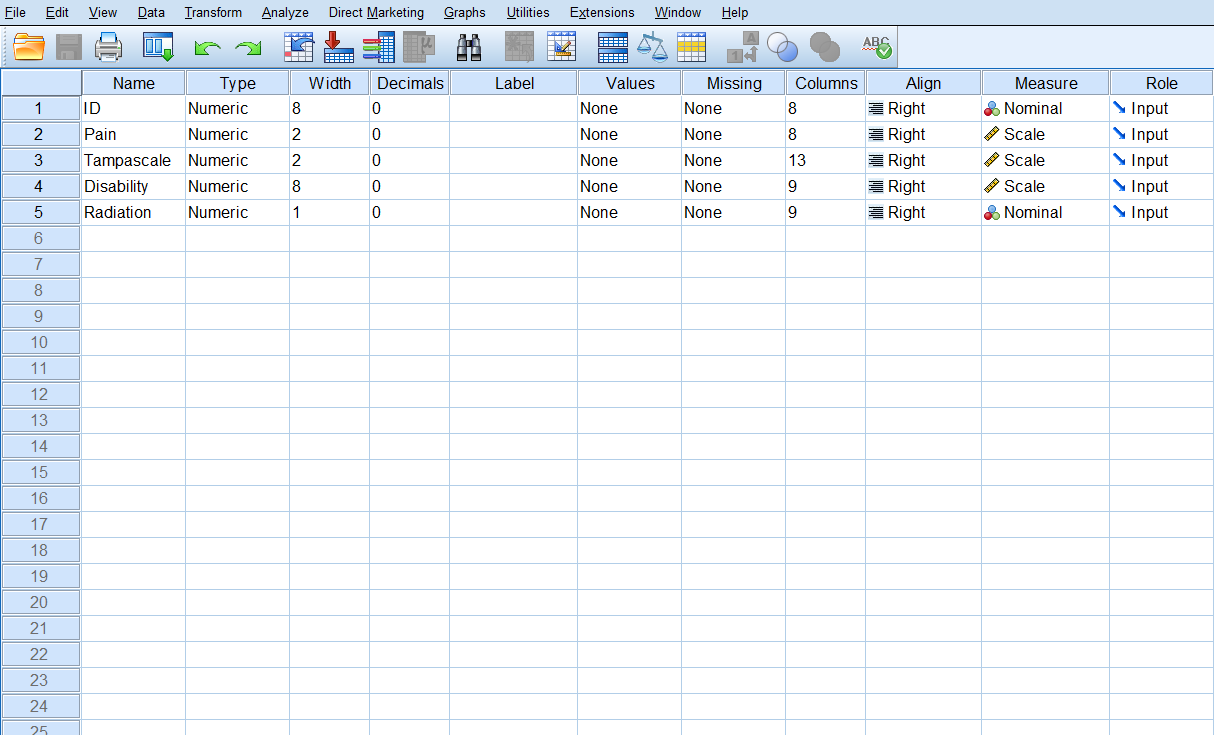 Variable View window in SPSS