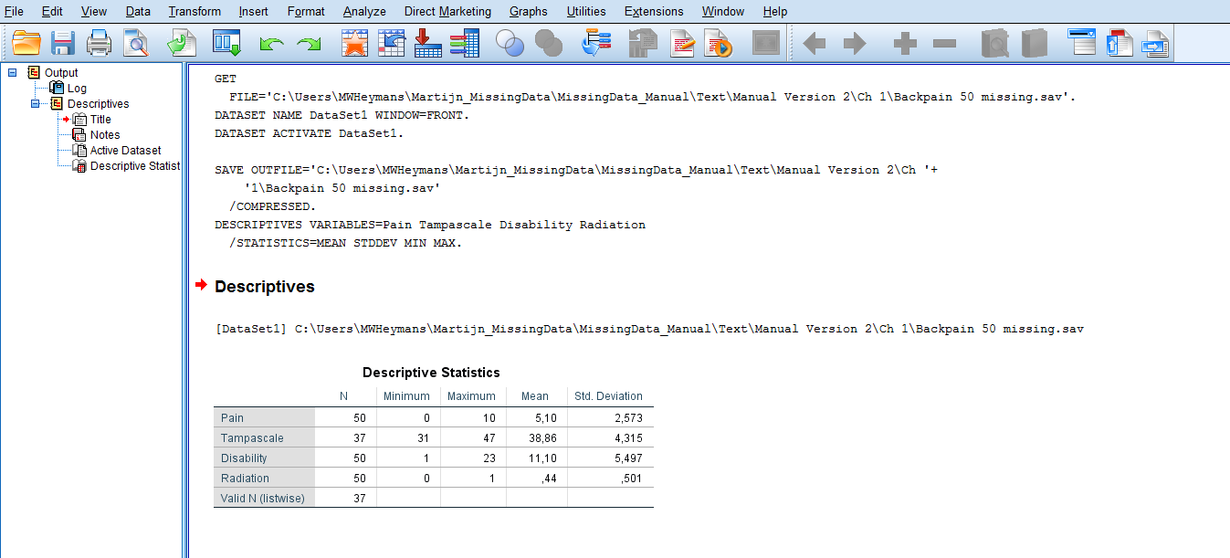 Part of the Output or Viewer window in SPSS after making use of Descriptive Statistics under the Analyze menu