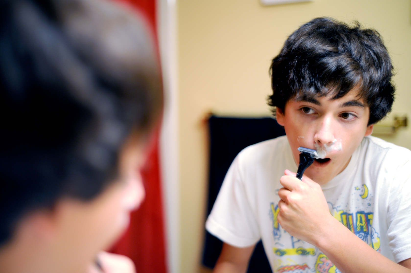 Males often start shaving during puberty.^[[Image](https://www.flickr.com/photos/alanant/3851416310) by [Antiporda Productions](https://www.flickr.com/photos/alanant/) is licensed under [CC BY 2.0](https://creativecommons.org/licenses/by/2.0/)]