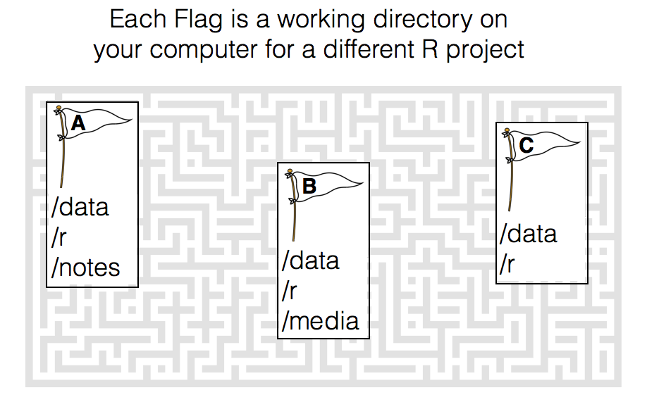 A working directory is like a flag on your computer that tells R where to start looking for your files related to a specific project. Each project should have its own folder with organized sub-folders.