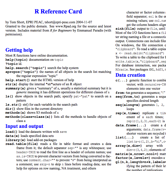 The R reference card written by Tom Short is absolutely indispensable!