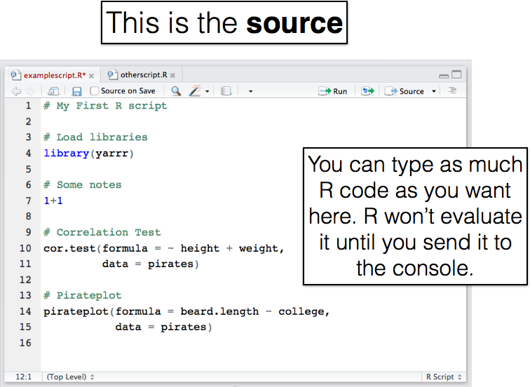 Here's how a new script looks in the editor window on RStudio. The code you type won't be executed until you send it to the console.