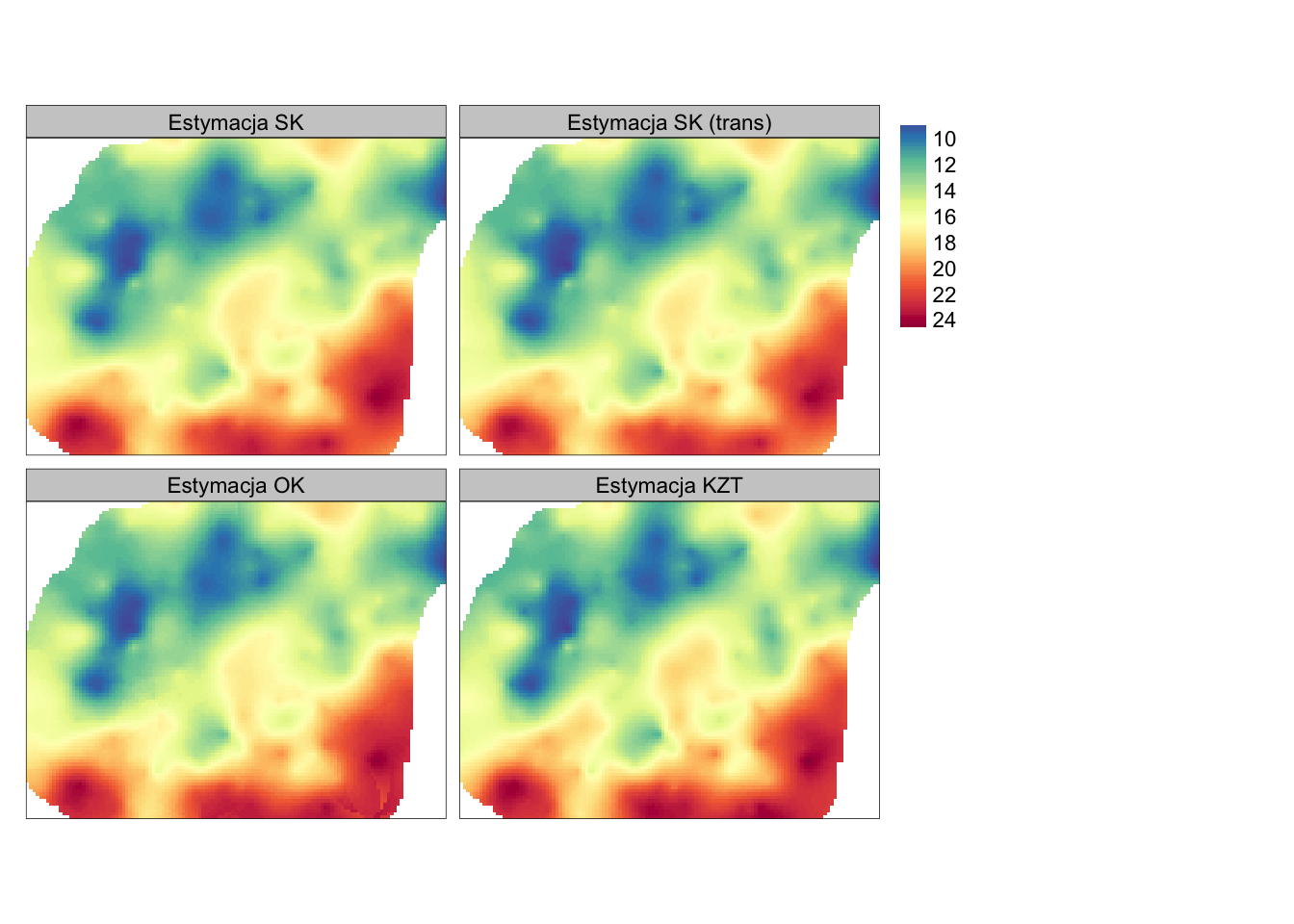 Porównanie wyników estymacji używając metody krigingu prostego (SK), krigingu zwykłego (OK) i krigingu z trendem (KZT).