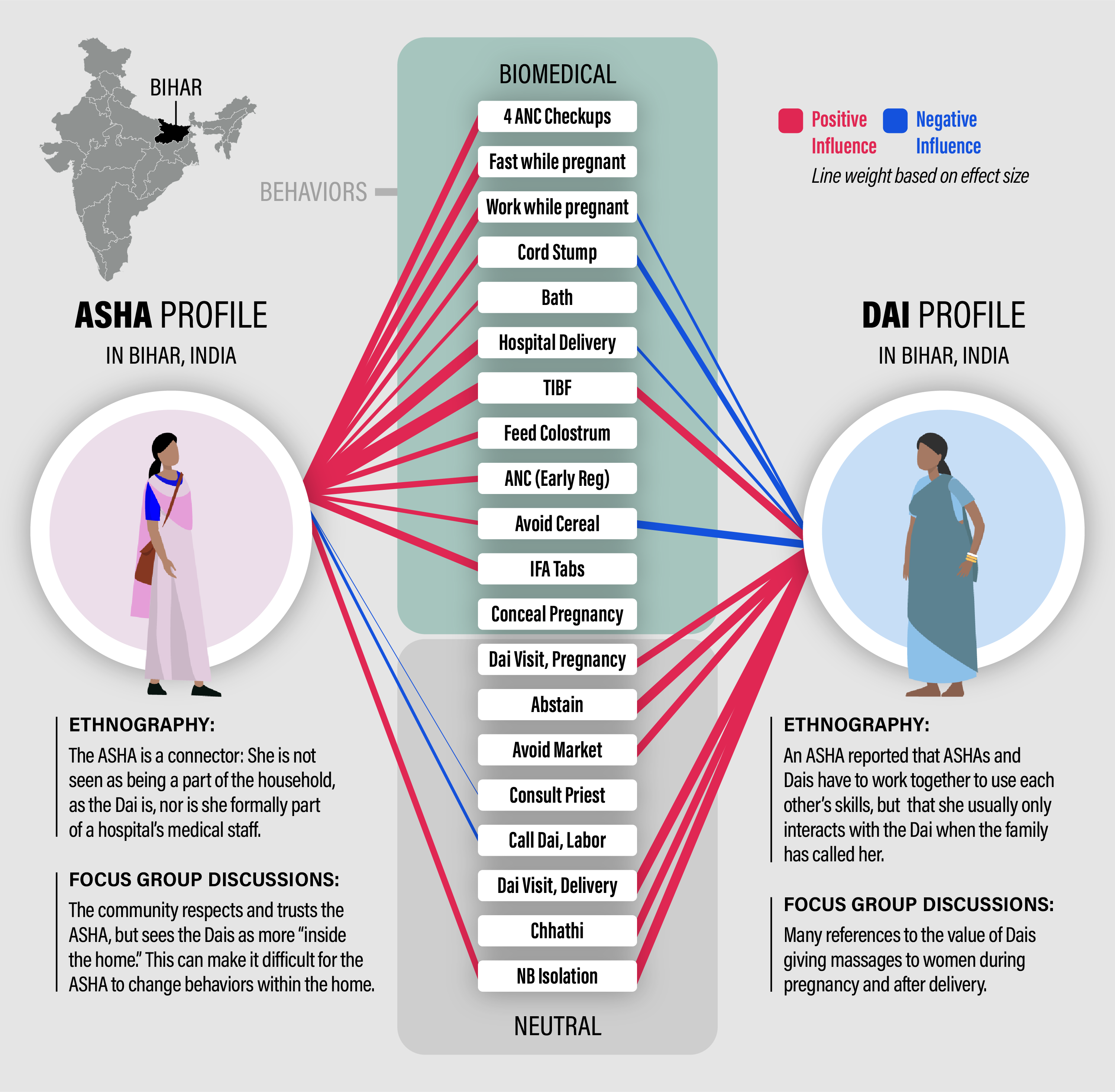 ASHA - Dai comparrison: The red lines represent positive effects on the probability that women do the recommended biomedical behavior or do the neutral behavior. Blue lines represent negative effects. These effects are predicted probabilities from a logistic regression. Specifically, the thickness of each line is the difference between the predicted probability for naming an ASHA or Dai as an influencer and naming no one (for description of model and presentation of raw values see Chapter 8). Only effects that have non-overlapping confidence intervals with no one are drawn.