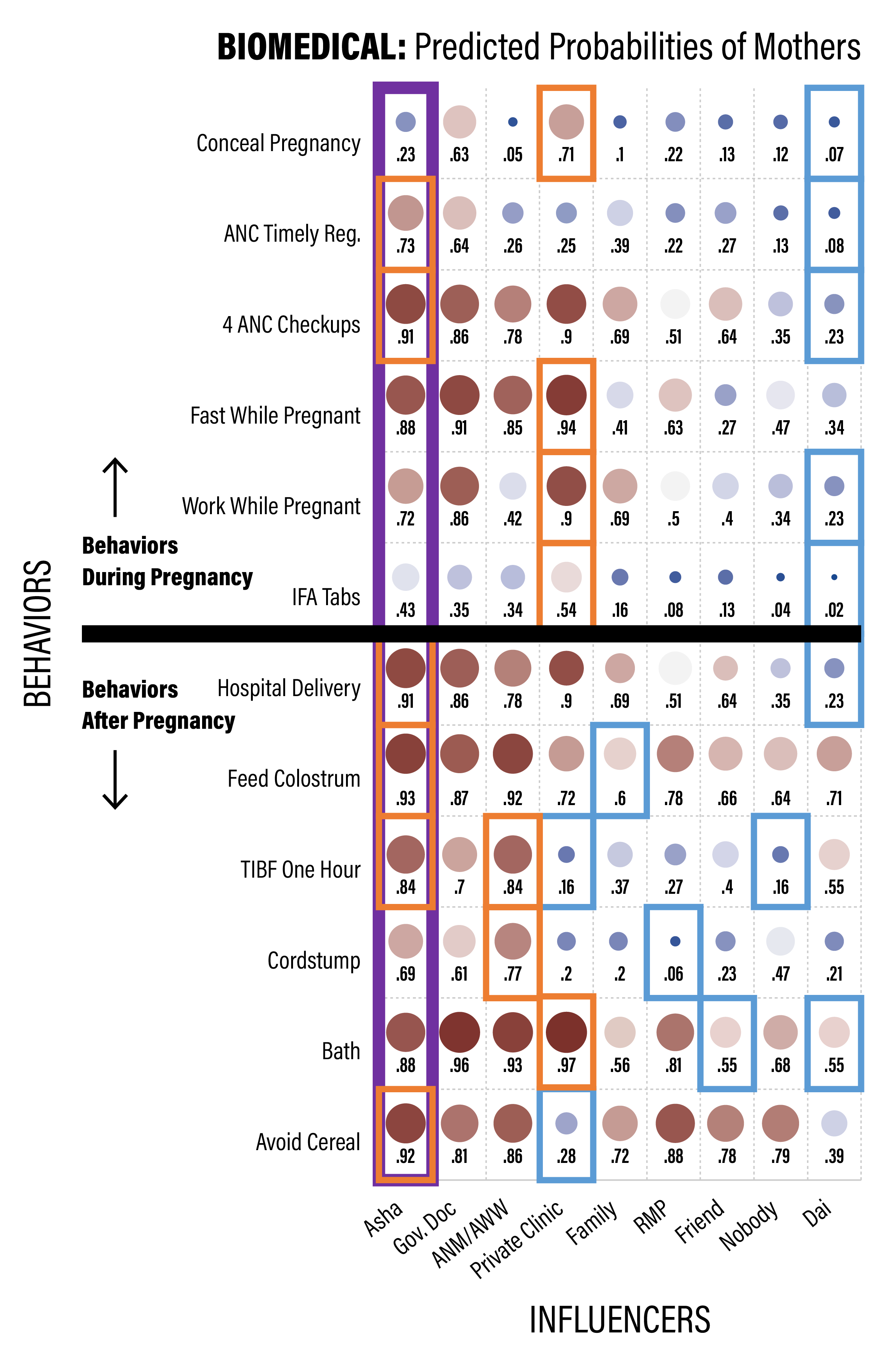 ASHA positioning as an influencer of biomedical behaviors for recent mothers. The red squares toward the left are around the largest value for each row, indicating the strongest positive influencer for that behavior, and the blue squares are for the lowest value for each row, indicating the lowest influencer for that behavior.