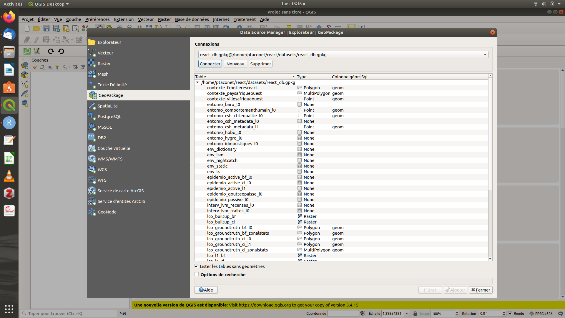 Capture d'écran de QGIS - explorateur de données