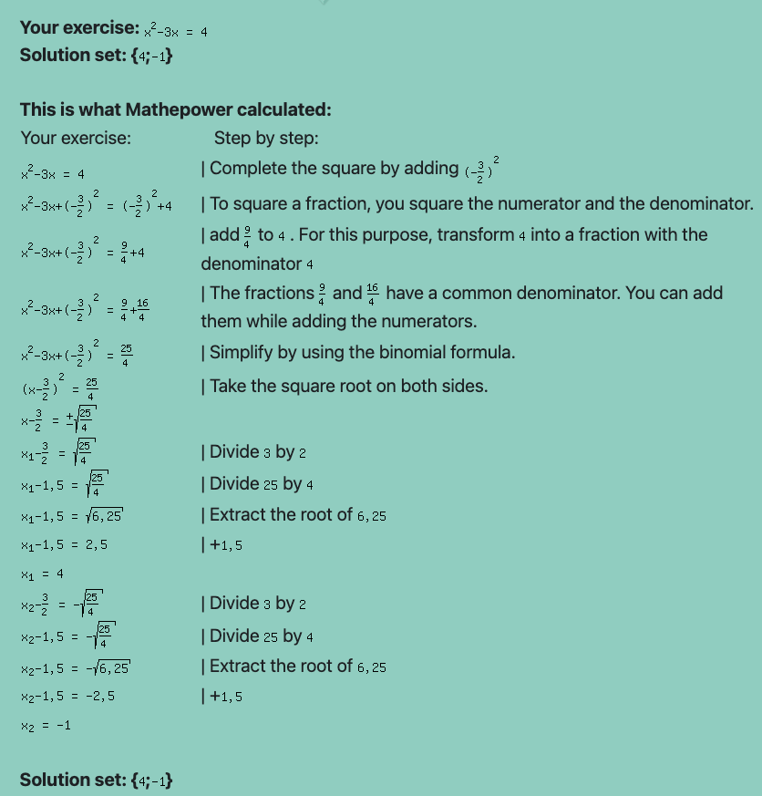 Calculation of $x^2 - 3x = 4$, explained step by step