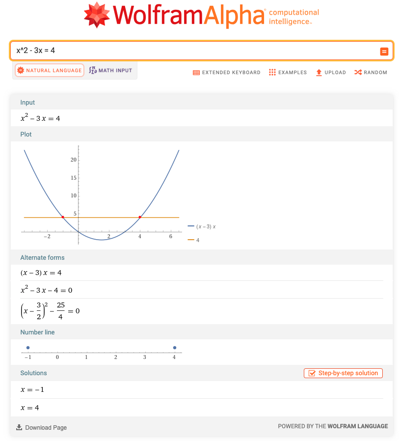 Displays input ($x^2 - 3x = 4$), plots the graph, shows alternate form of the equation, the numberline with the solution and the algebraic solution set.