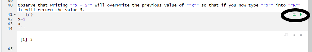 Running a segment of **R** code within R markdown, see lines 40-45.