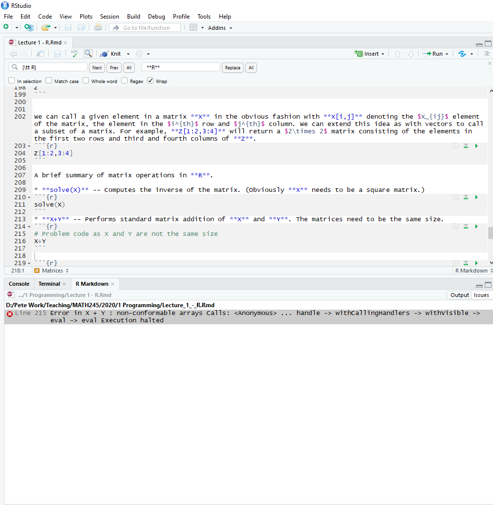 Error message when **knitting** R markdown. Error linked to **R** code segment starting at line 215.