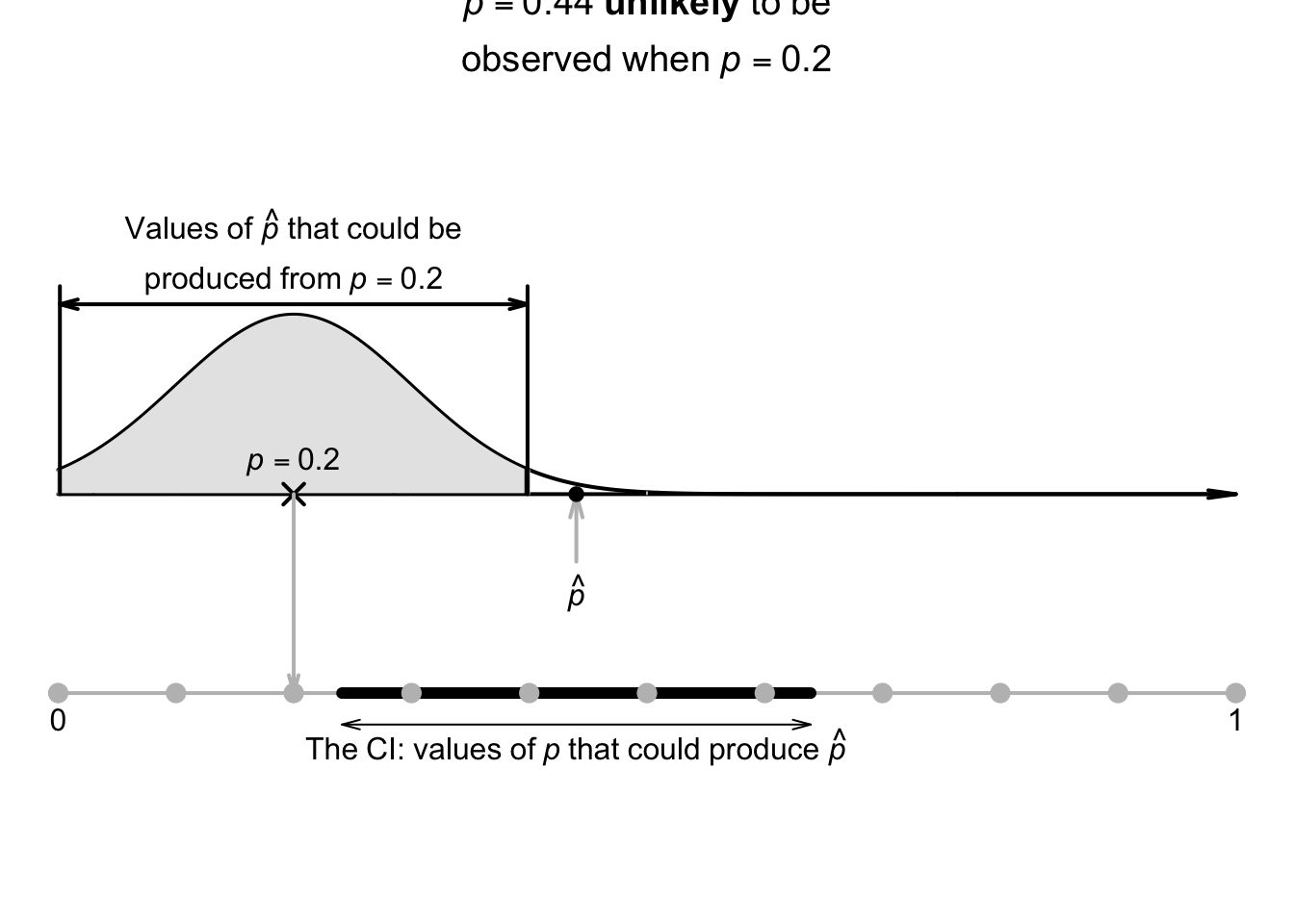 The CI gives an interval containing values of $p$ that may have produced the observed value of $\hat{p}$. Here, the CI is $0.241$ to $0.639$.