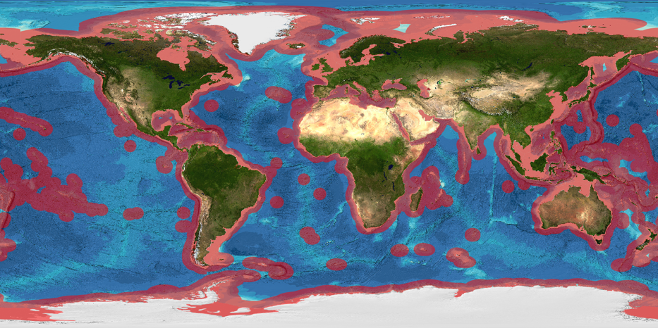 Figure 2.1: The EEZ extends 200 nautical miles beyond the coast (red shaded area). ABNJ encompasses the high seas and the seabed (the Area). (Source: GEBCO)
