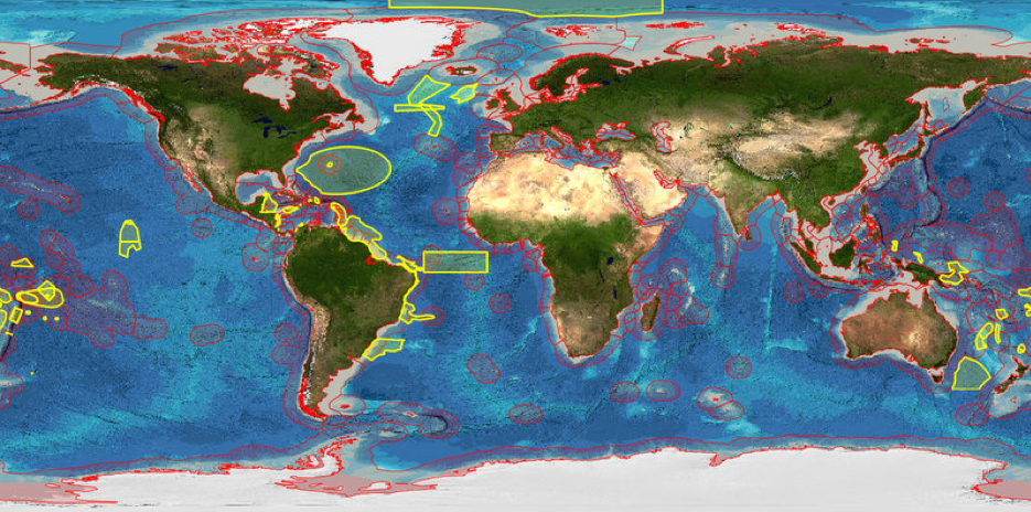 Figure 2.13: Global distribution of EBSAs (yellow) and EEZs (red)