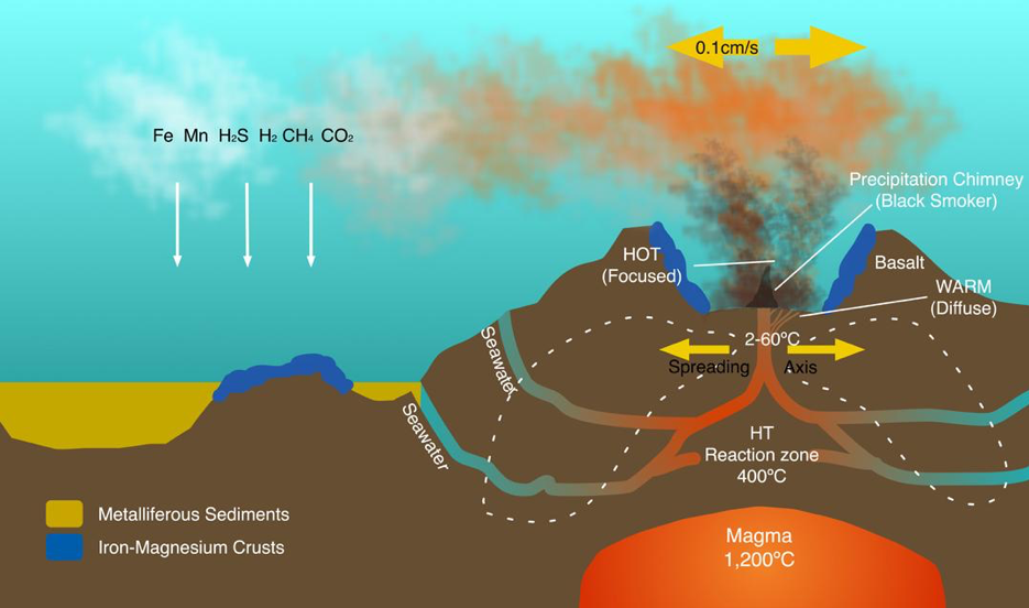 Figure 2.8: Hydrothermal circulation in a mid-oceanic ridge (MOR) system