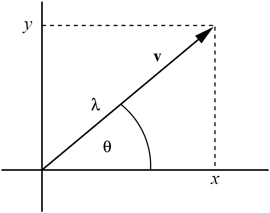 An arrow from the origin representing vector $v$ is pictured on the Euclidean plane. Dashed lines go from the point of the arrow to the two axes, with the point where the vertical axis meets the horizontal dashed line labelled $y$ and the point where the horizontal axis meets the vertical dashed line labelled $x$. A curved line goes from the horizontal axis to the vector representing the angle that the vector makes witht the axis. This angle is labelled $\theta$. The arrow representing the vector is also labelled by $\lambda$ representing the length of the vector