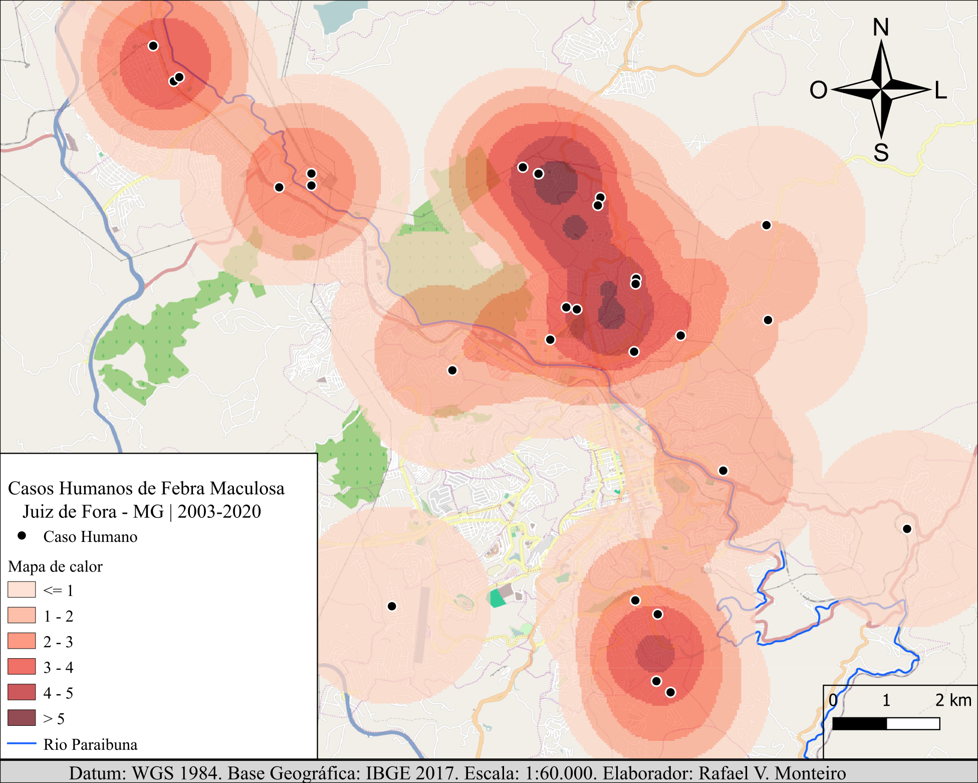 Distribuição geoespacial histórica (2003-2020) de casos de Febre Maculosa humana no município de Juiz de Fora (MG). Os casos demonstraram um padrão de agregação no espaço (análise do vizinho mais próximo com padrão agregado) e no tempo (mapa de calor de sobreposição de ocorrência histórica). Tal tipo de análise pode revelar características geoespaciais relevantes para a ocorrência da doença, como foi o presente caso. Mapa redesenhado a partir dos mesmos dados de Rafael Veríssimo Monteiro et al. (2022).