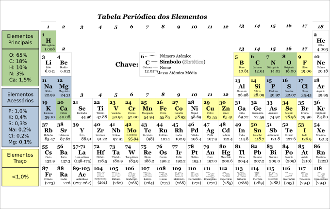 Tabela periódica ressaltando os elementos químicos que constituem usualmente os vertebrados, bem como a proporção de contribuição de cada um.