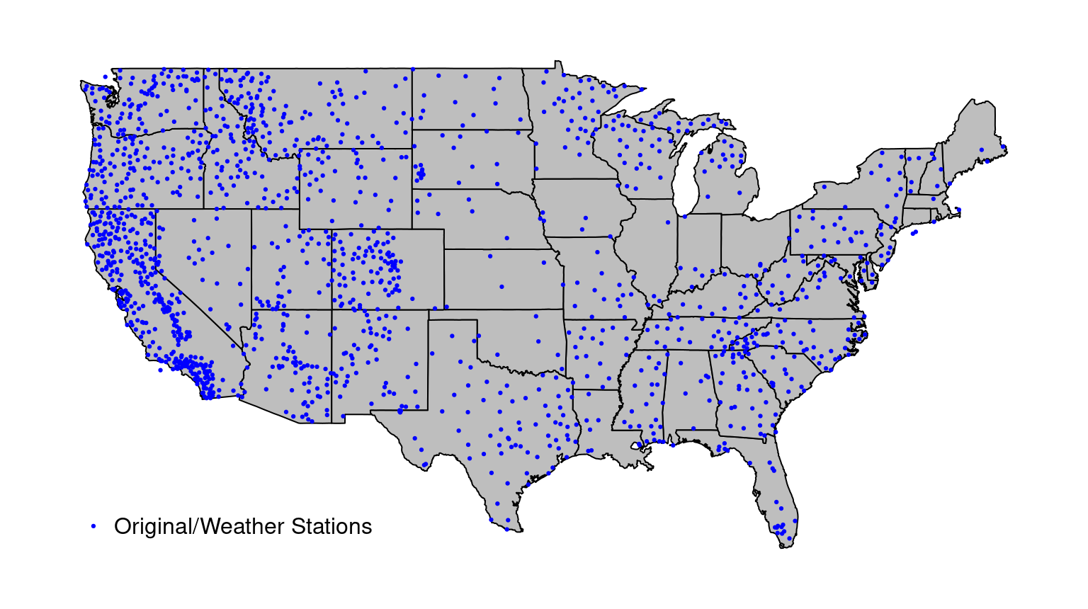 Weather station sites in the continental USA.