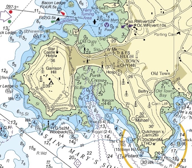 Detail for chart of the Isles of Scilly. Note the areas in green that dry at low tides. Near Penninnis Head (south-east corner of image), there are cliffs and not much sea bed is exposed. However, the beaches to the north and south of Hugh Town clearly become much larger at low water, potentially requiring a longer carry to get boats to and from the water.