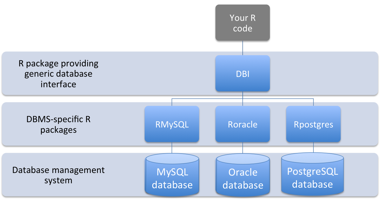 Structure of interface between code in an R script and data stored in a database management system using DBI-compliant packages