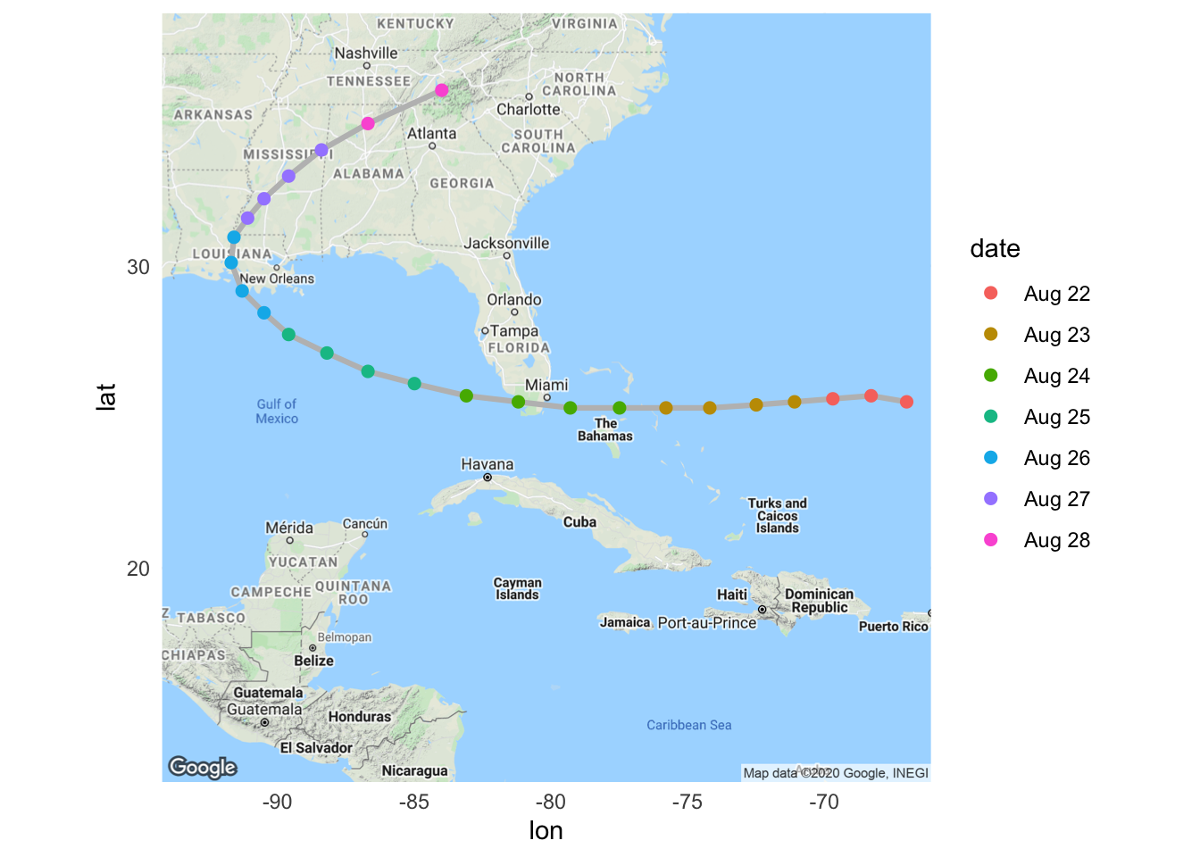 Hurricane Andrew tracks by date, based on UTC date times.