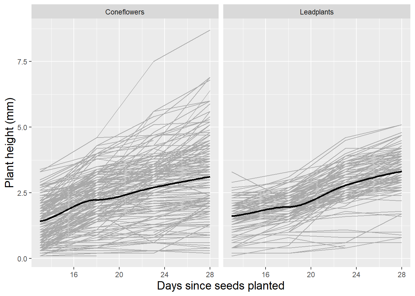 Spaghetti plot by species with loess fit.  Each line represents one plant.