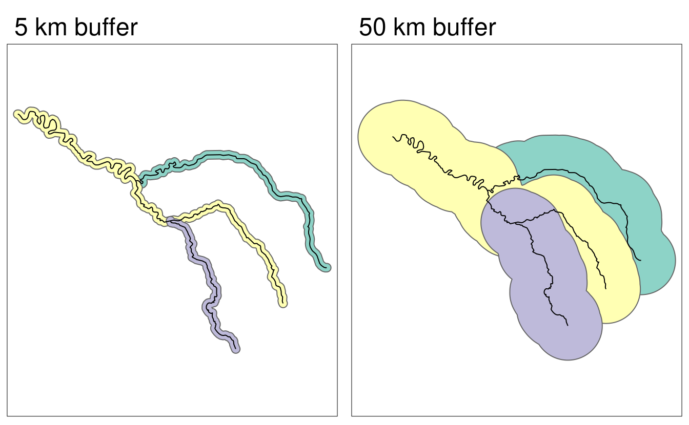 Buffers around the Seine dataset of 5 km (left) and 50 km (right). Note the colors, which reflect the fact that one buffer is created per geometry feature.