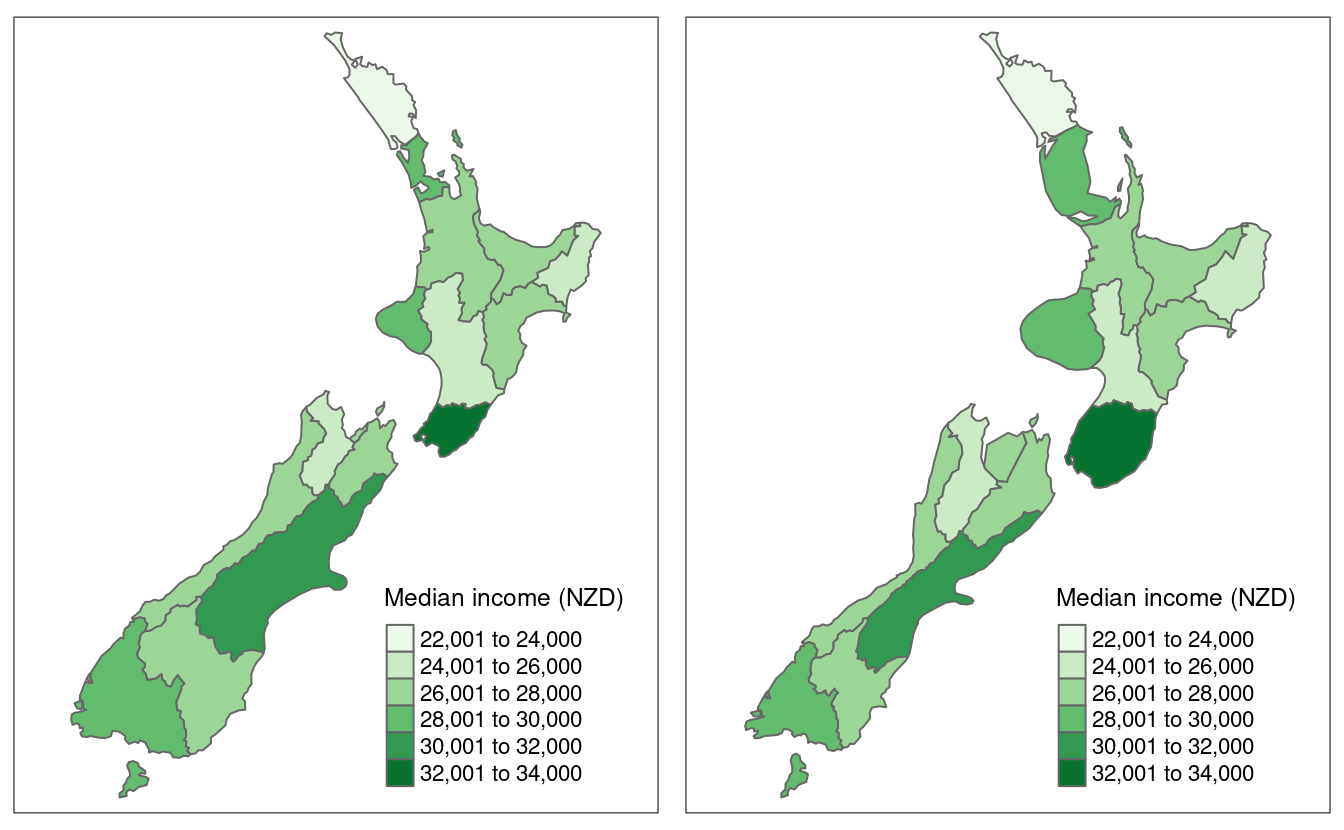 Comparison of standard map (left) and continuous area cartogram (right).