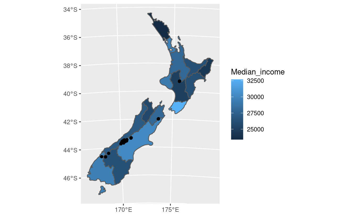 Map of New Zealand created with ggplot2.