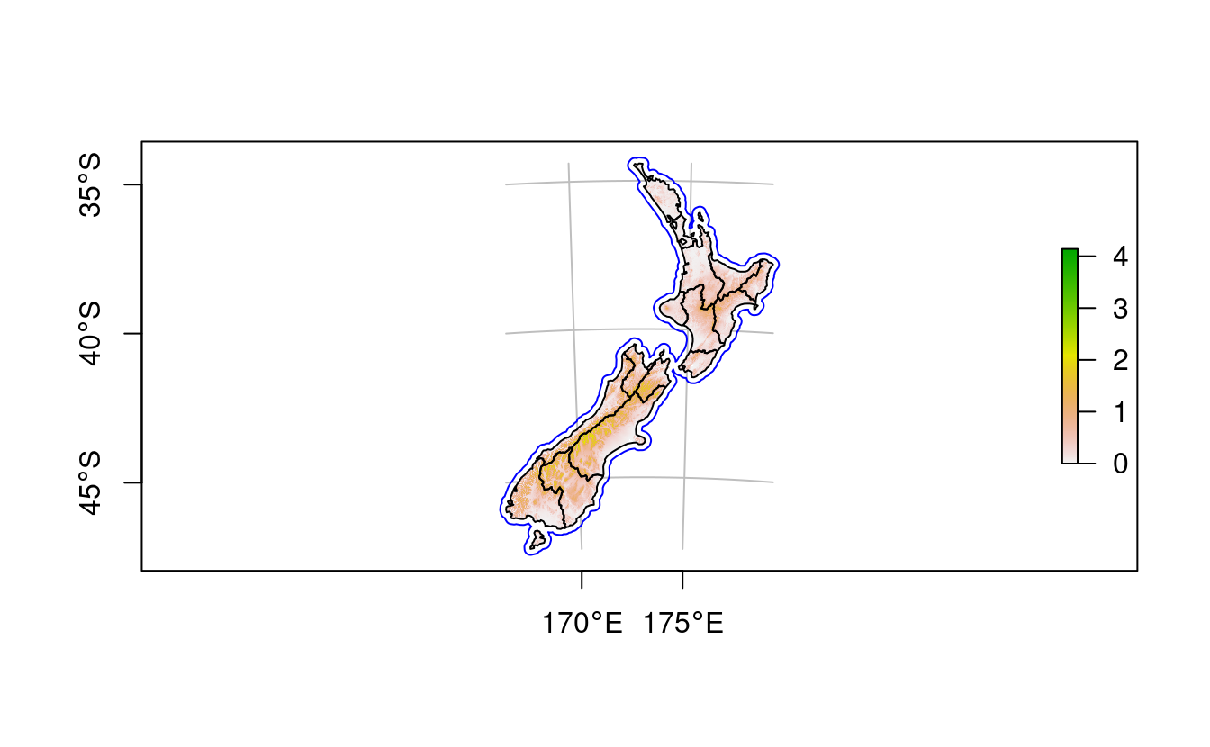 Map of New Zealand created with plot(). The legend to the right refers to elevation (1000 m above sea level).
