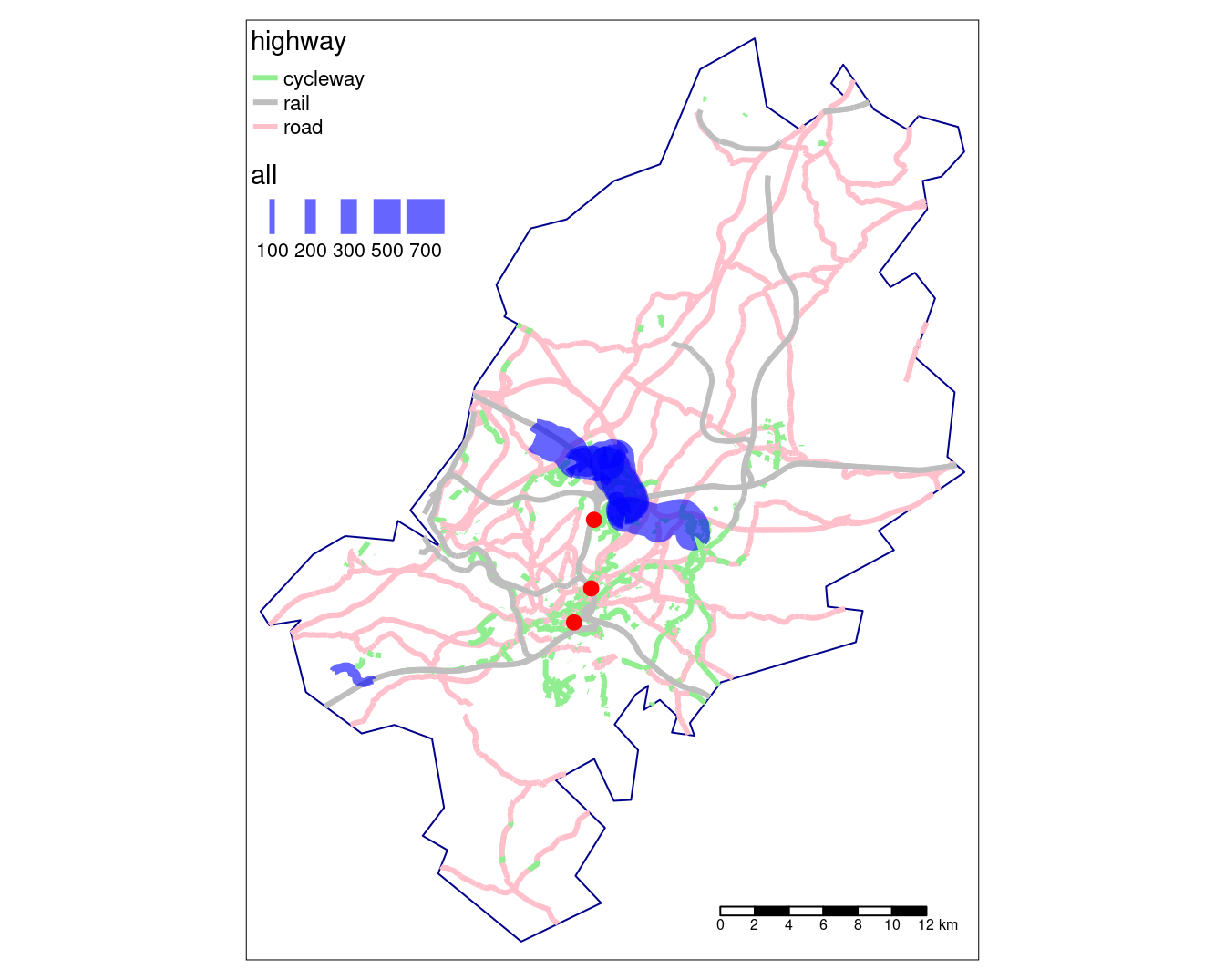 Potential routes along which to prioritise cycle infrastructure in Bristol, based on access key rail stations (red dots) and routes with many short car journeys (north of Bristol surrounding Stoke Bradley). Line thickness is proportional to number of trips.