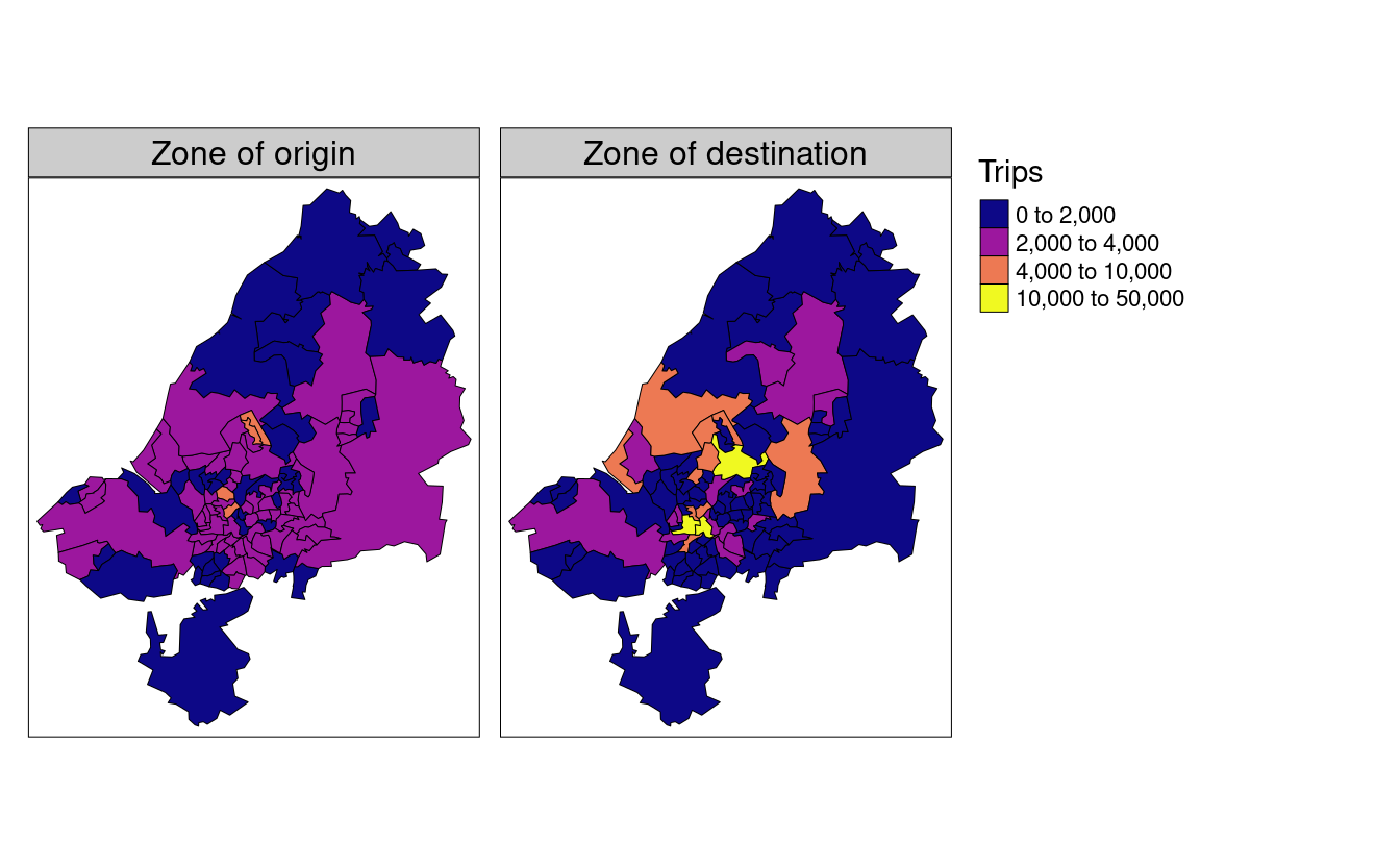 Number of trips (commuters) living and working in the region. The left map shows zone of origin of commute trips; the right map shows zone of destination (generated by the script 12-zones.R).
