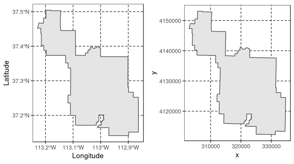 Examples of geographic (WGS 84; left) and projected (NAD83 / UTM zone 12N; right) coordinate systems for a vector data type.