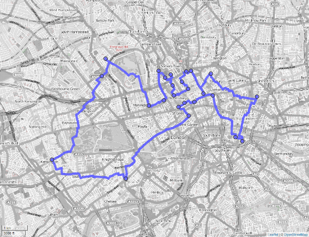 Shortest route (blue line) between 24 cycle hire stations (blue dots) on the OSM street network of London.