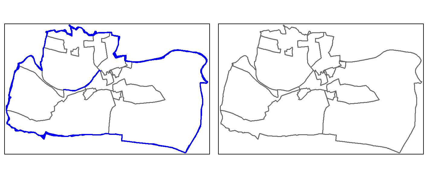 Sliver polygons colored in blue (left panel). Cleaned polygons (right panel).