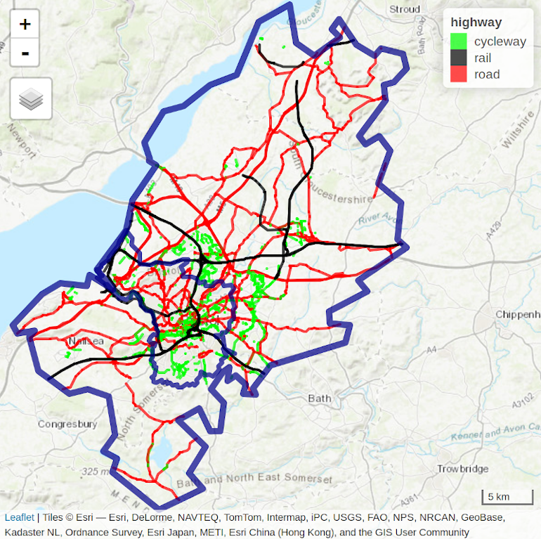 Bristol's transport network represented by colored lines for active (green), public (railways, black) and private motor (red) modes of travel. Blue border lines represent the inner city boundary and the larger Travel To Work Area (TTWA).