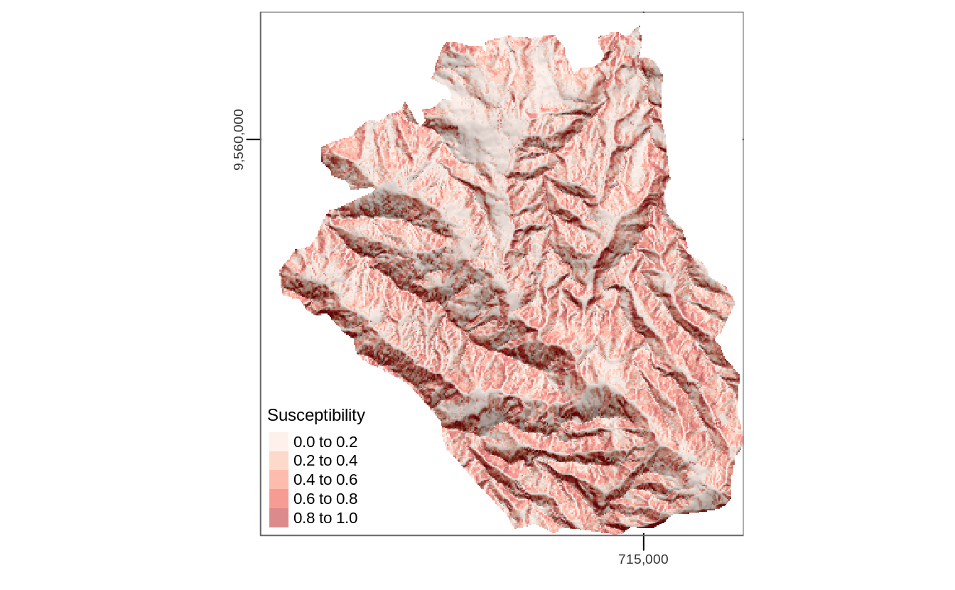 Spatial prediction of landslide susceptibility using a GLM.
