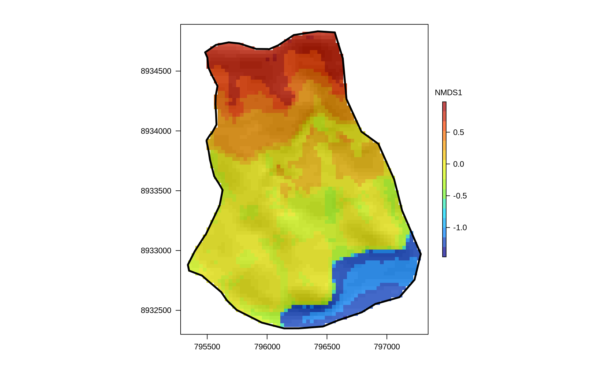 Predictive mapping of the floristic gradient clearly revealing distinct vegetation belts.