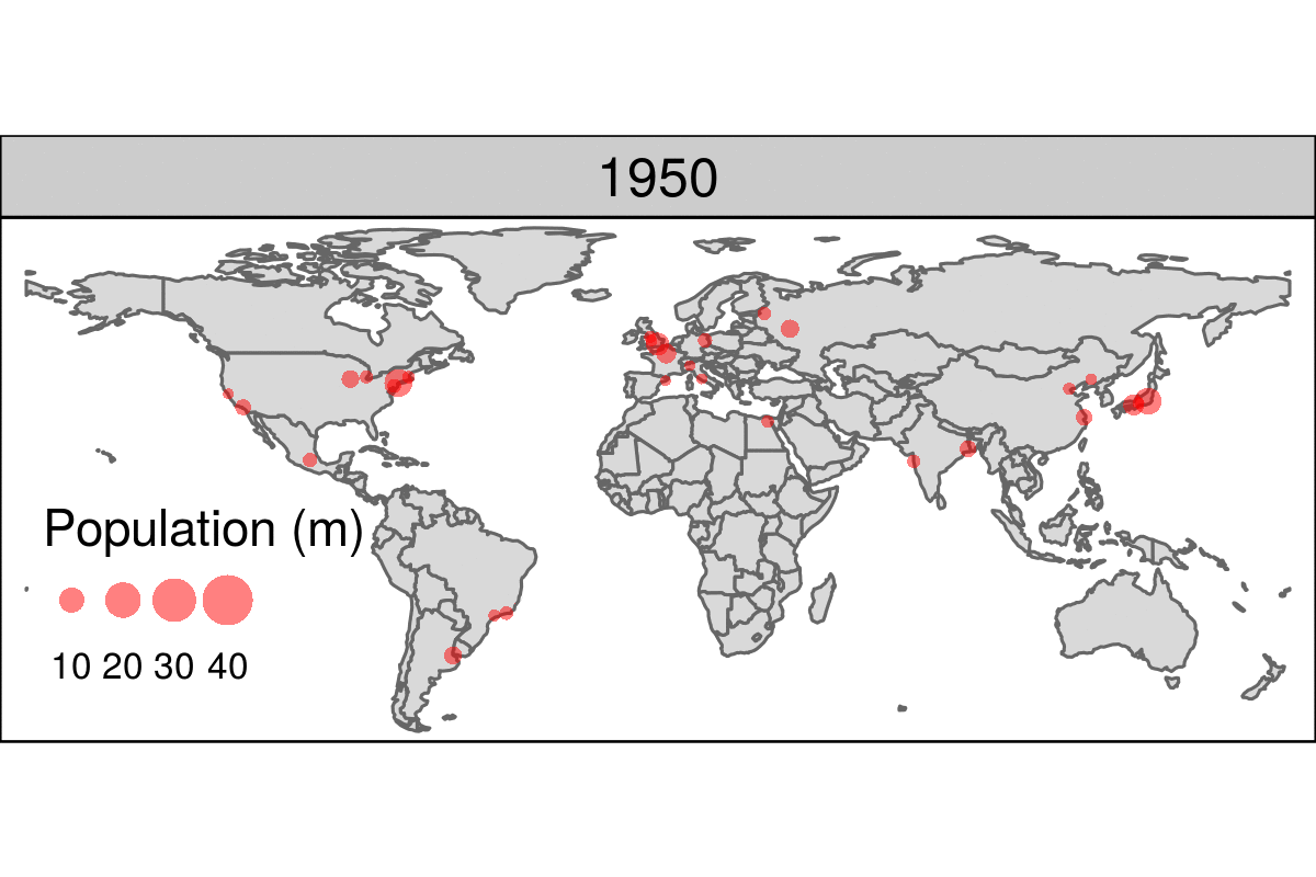 Animated map showing the top 30 largest urban agglomerations from 1950 to 2030 based on population projects by the United Nations. Animated version available online at: geocompr.robinlovelace.net.