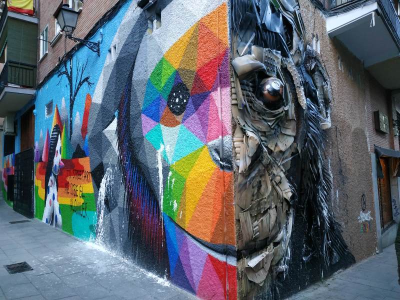 Amazing street art of Madrid near the Tabacalera, a cooperatively run community and arts centre.