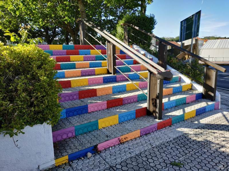 Lego brick staircase typifying the playful architecture in Lalin.