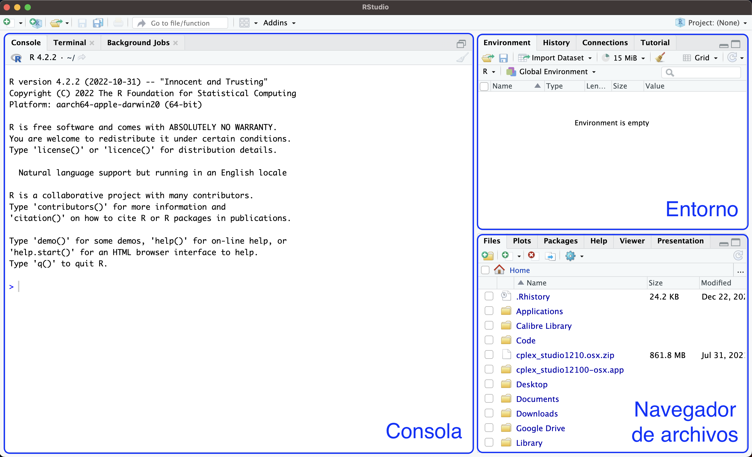 La interfaz de RStudio.