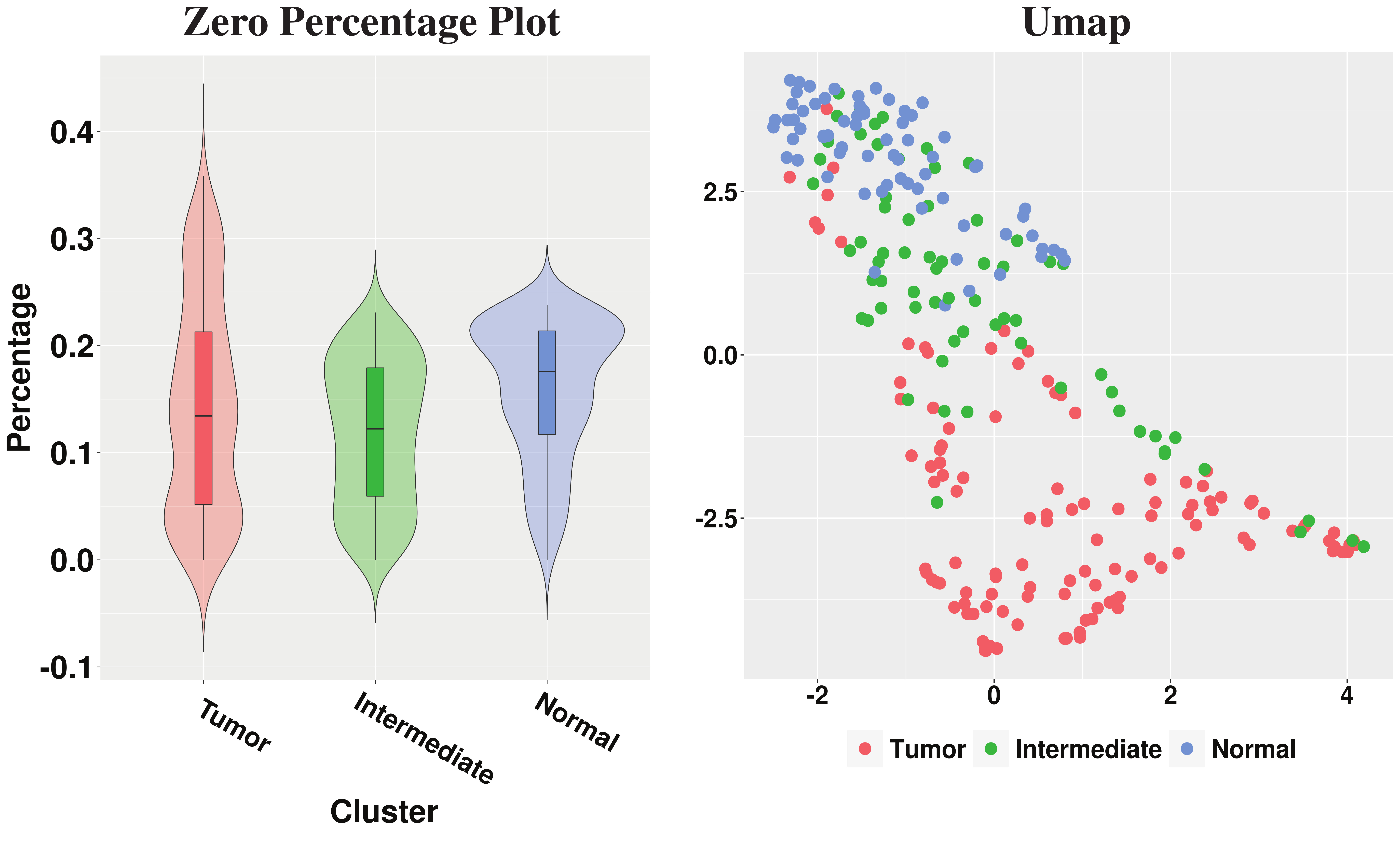 On the left panel, we have violin plot of percentage of zero reads among the genes for each cluster w.r.t. Breast Cancer data and the Umap is shown on the right panel.
