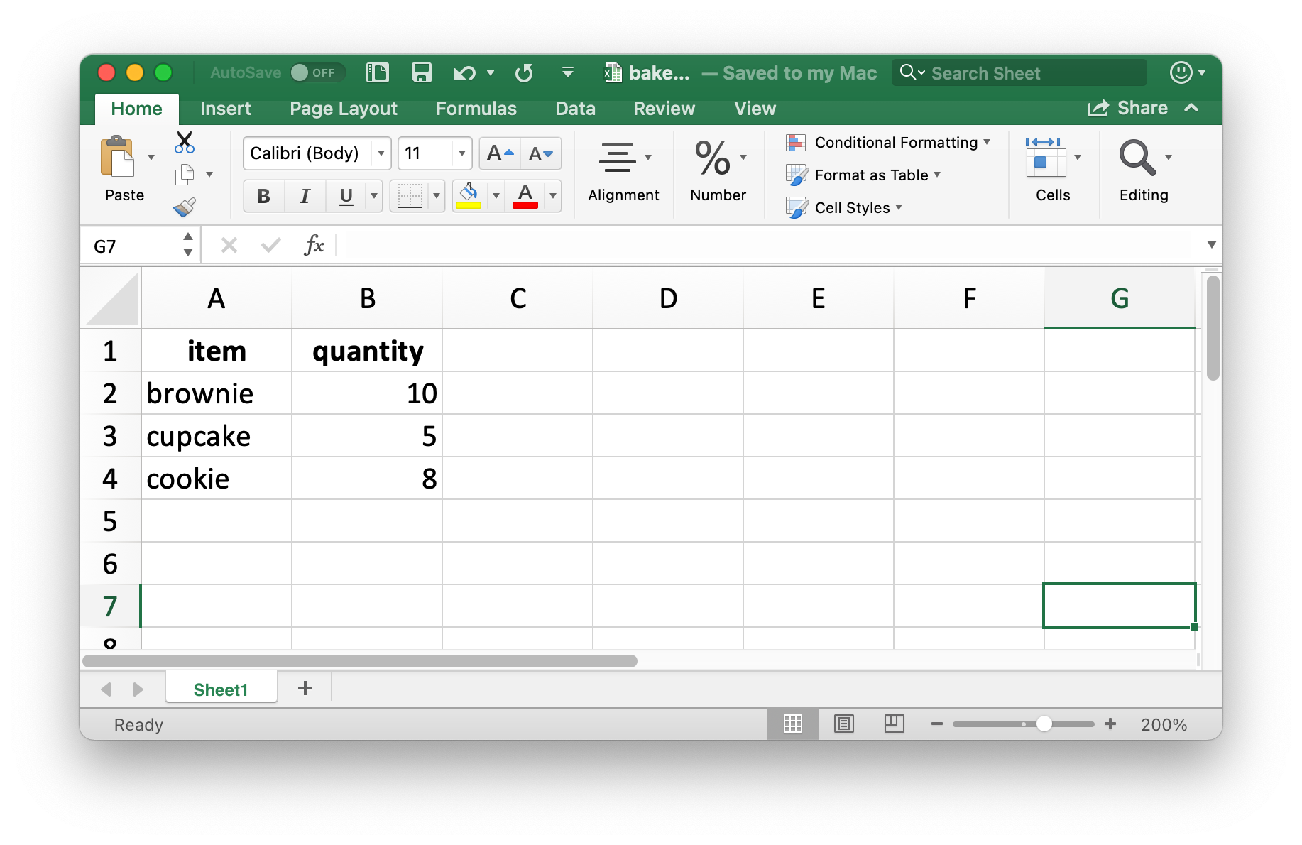 Bake sale data frame created earlier in Excel.