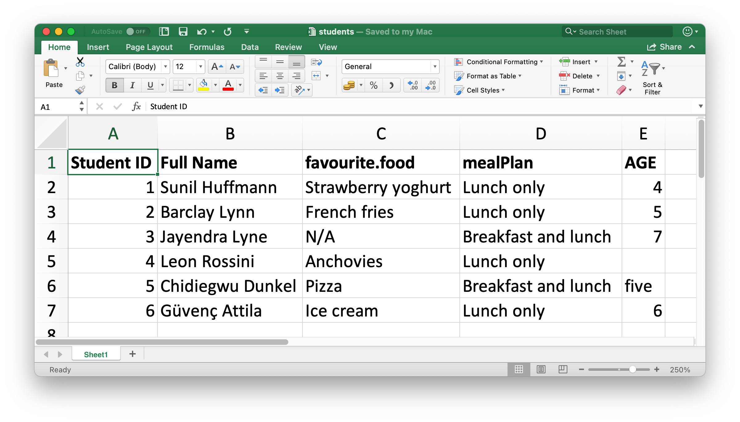 A look at the students spreadsheet in Excel. The spreadsheet contains information on 6 students, their ID, full name, favourite food, meal plan, and age.