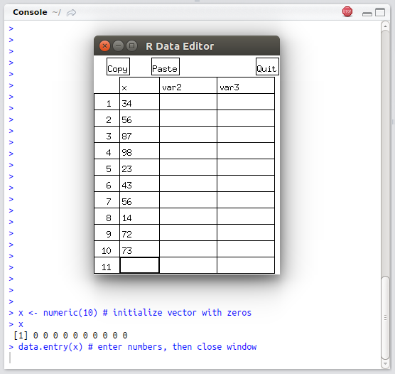 Example of using the `data.entry` function in RStudio console